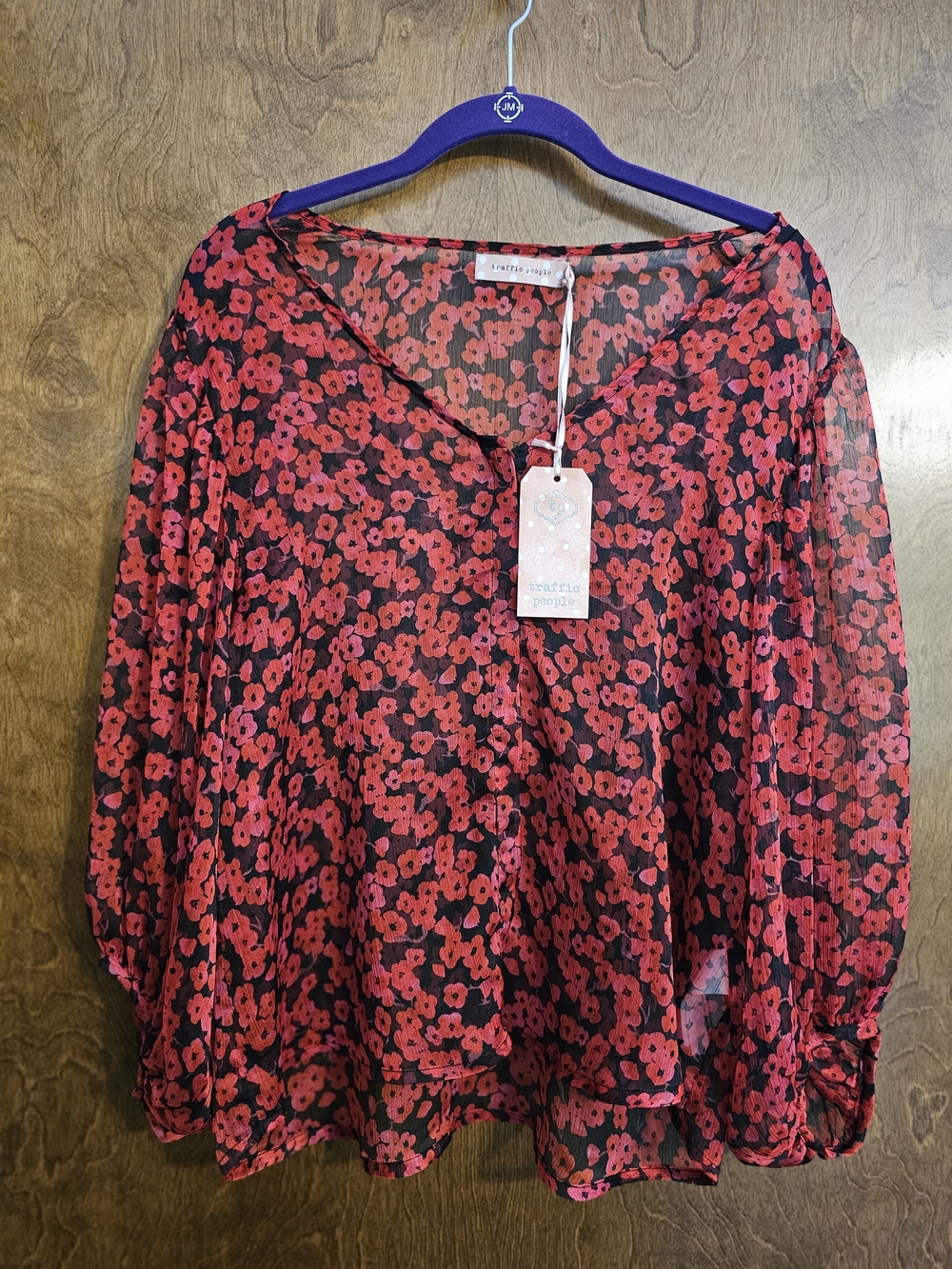 Red Floral V-Neck Women's Blouse